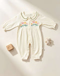Light Beige Flowers Collar Cotton Overall