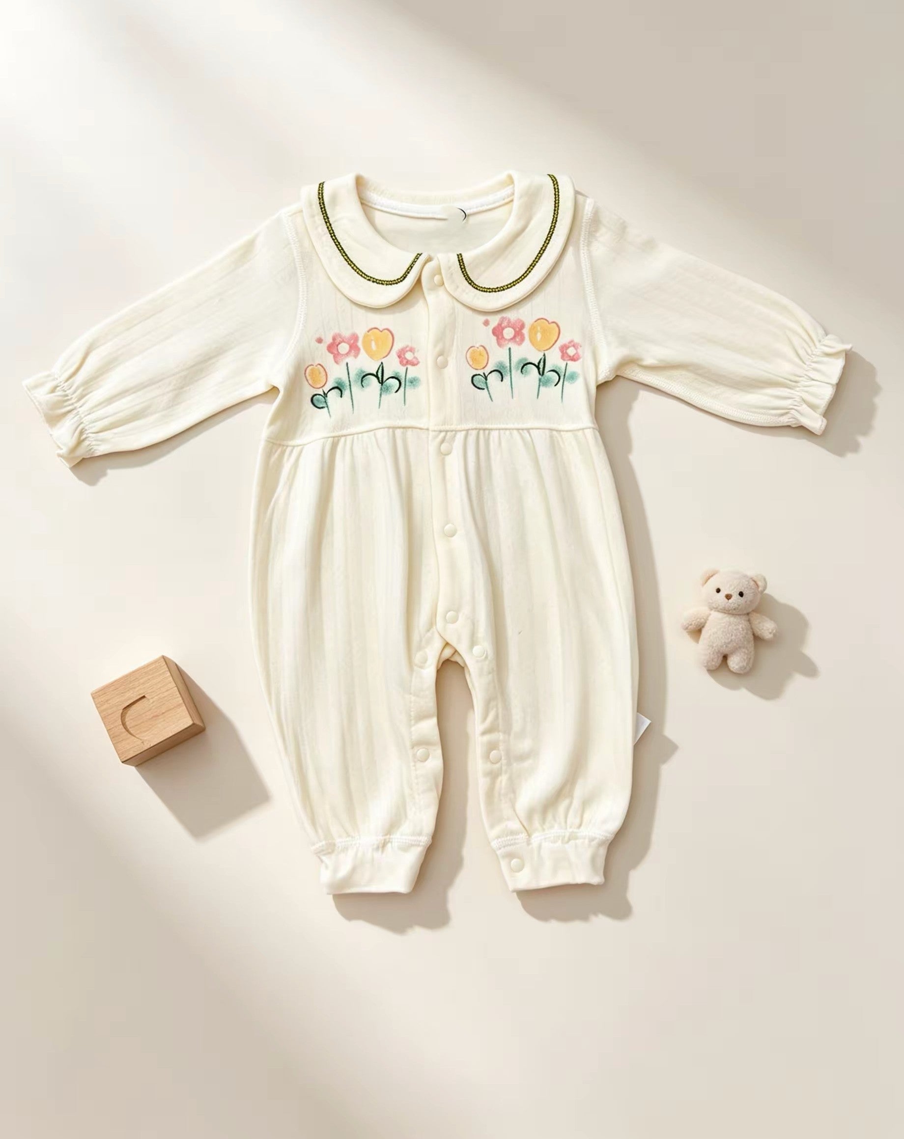 Light Beige Flowers Collar Cotton Overall