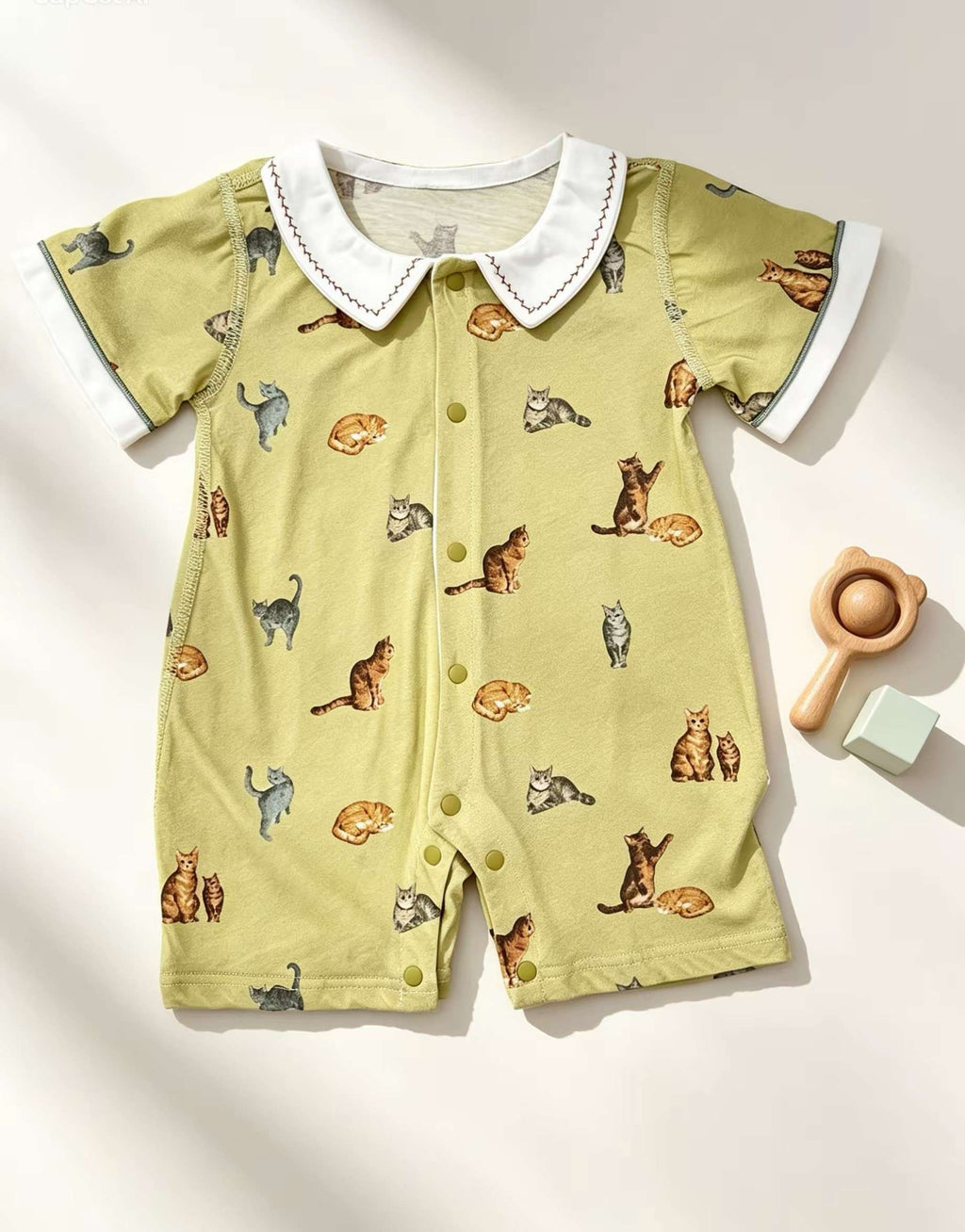 Green Cat Collar Silky Cotton Romper