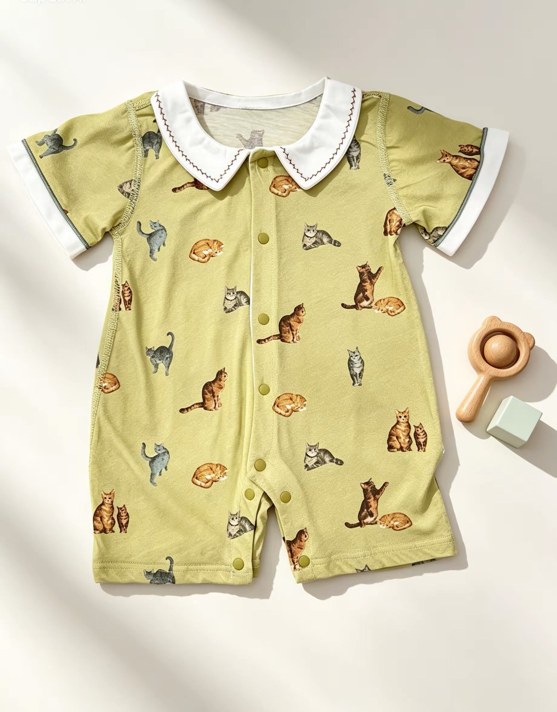 Green Cat Collar Silky Cotton Romper