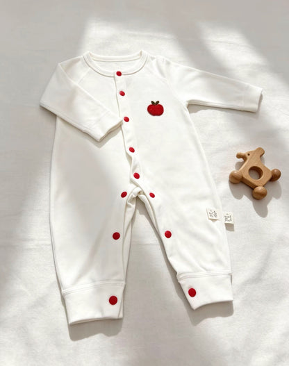 White & Red Embroidered Apple Cotton Overall