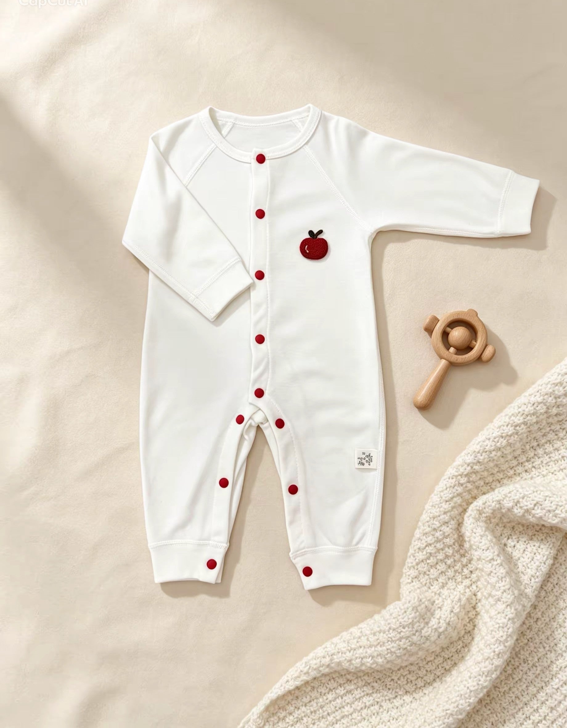 White & Red Embroidered Apple Cotton Overall