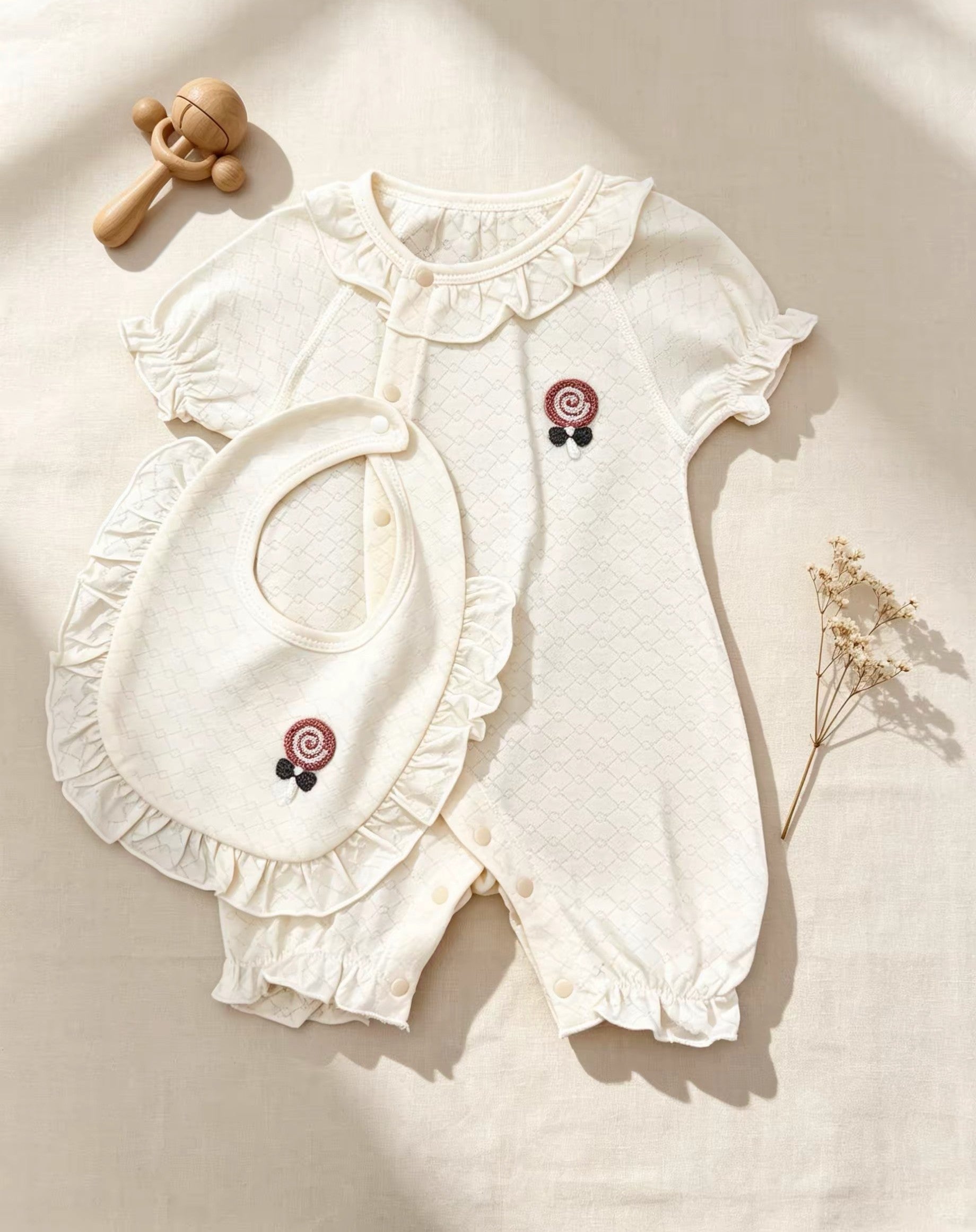 Beige Embroidered Cotton Overall With Bib