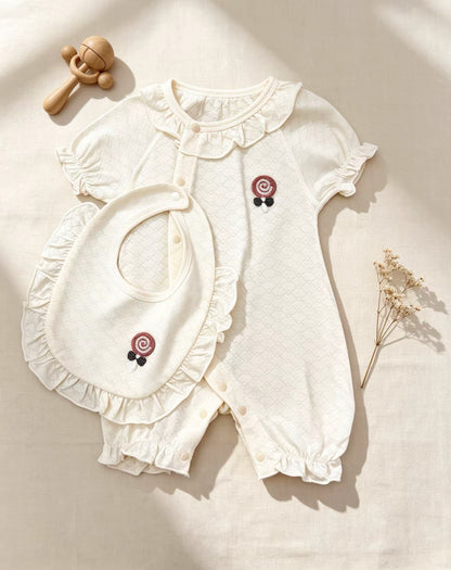 Beige Embroidered Cotton Overall With Bib