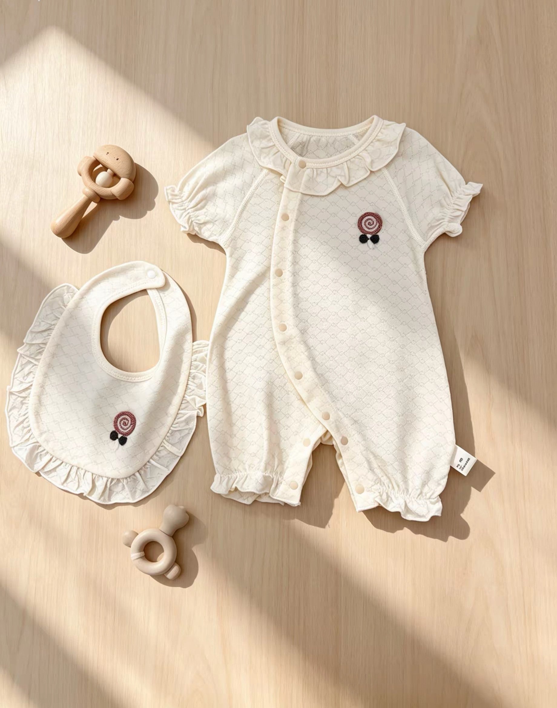 Beige Embroidered Cotton Overall With Bib