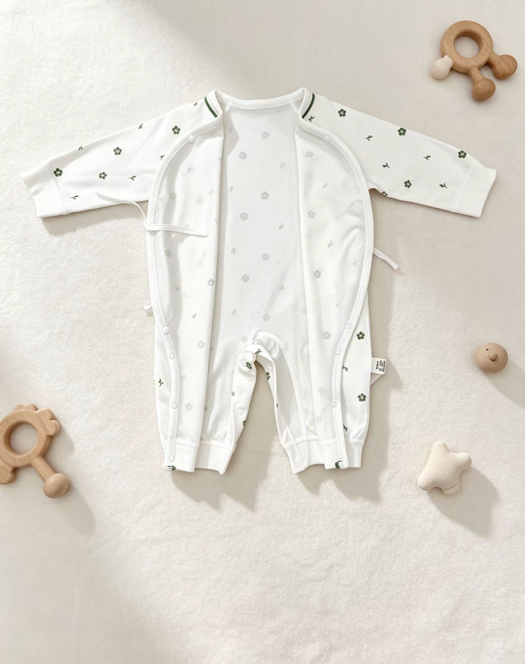 White & Green Floral Double Breasted Cotton Overall