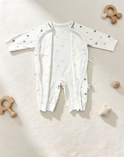 White & Green Floral Double Breasted Cotton Overall