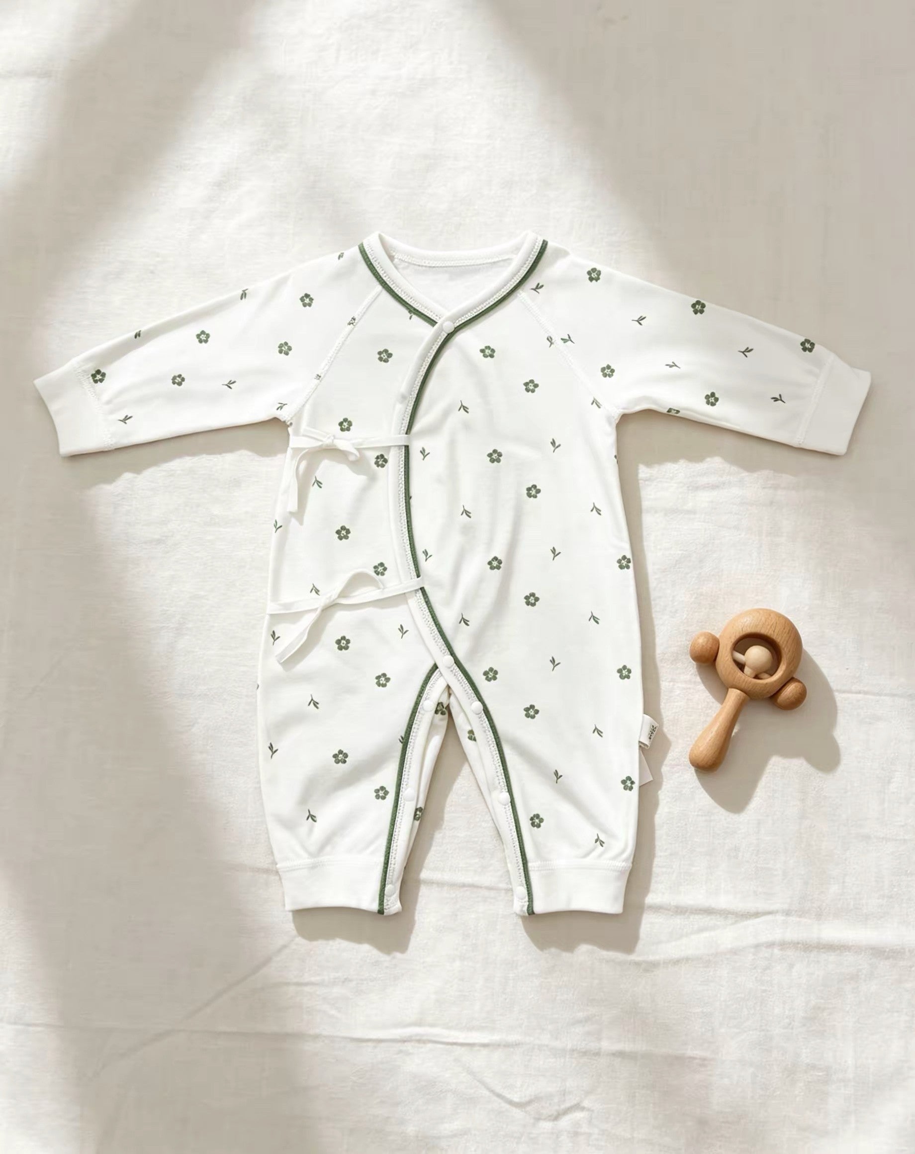 White & Green Floral Double Breasted Cotton Overall