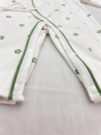 White & Green Floral Double Breasted Cotton Overall