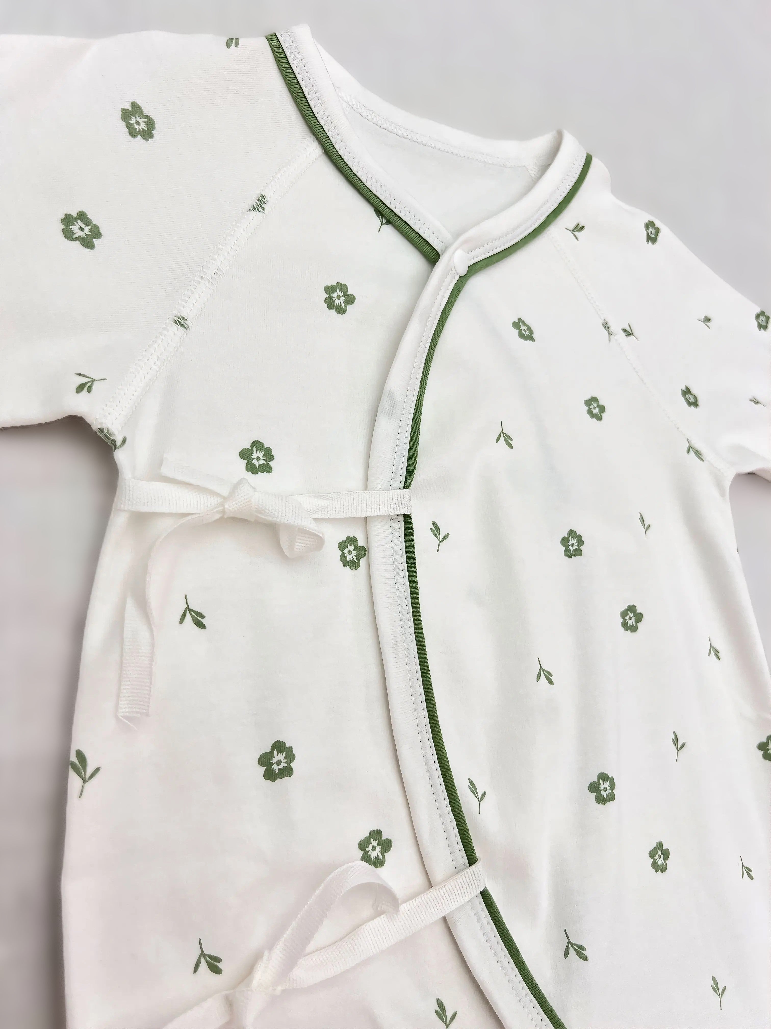 White & Green Floral Double Breasted Cotton Overall