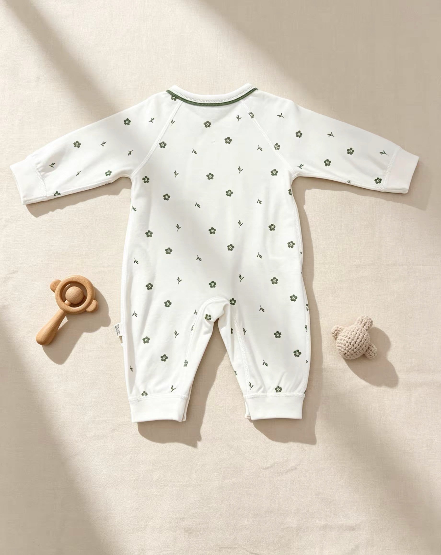 White & Green Floral Double Breasted Cotton Overall