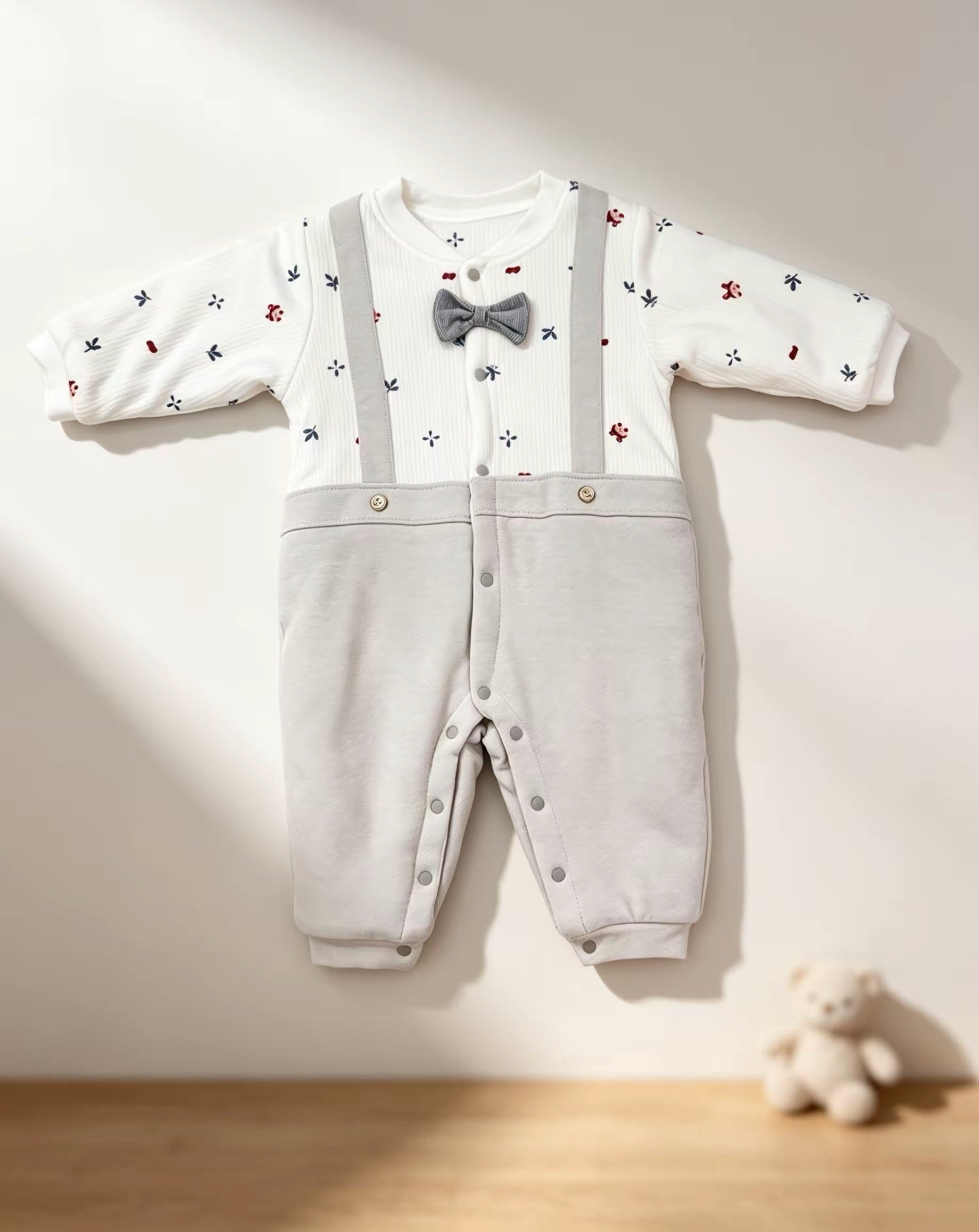 White & Gray Bow Tie Winter Thick Cotton Thermal Overall