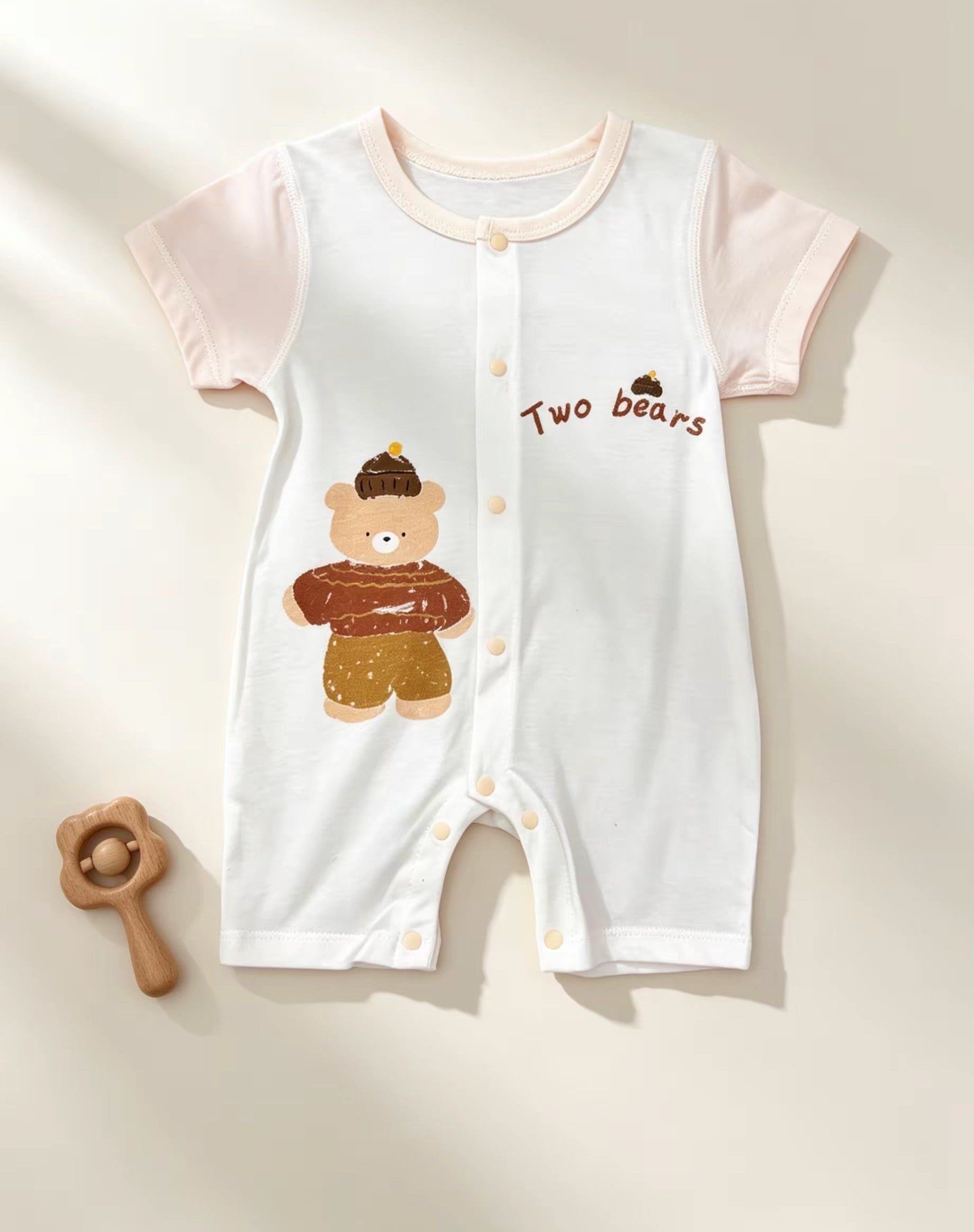 White & Beige Bear Silky Cotton Romper