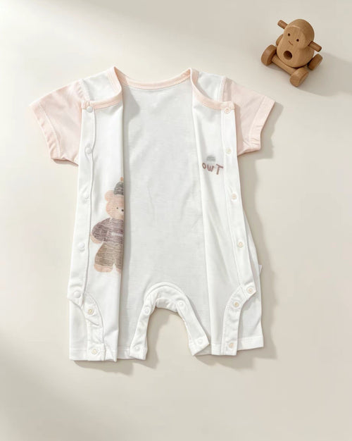 White & Beige Bear Silky Cotton Romper