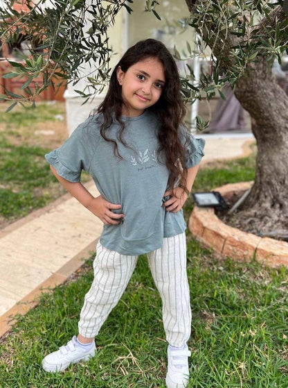 Sea Green/white Set T Shirt With Stripped Pants - La Farandole Paris