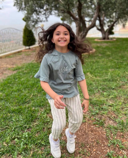 Sea Green/white Set T Shirt With Stripped Pants - La Farandole Paris