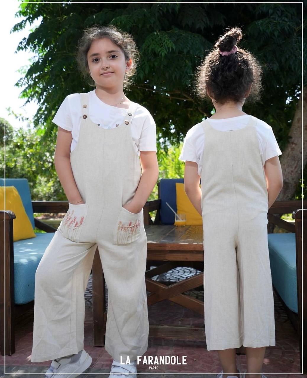 Beige Linen Embroidered overall - La Farandole Paris