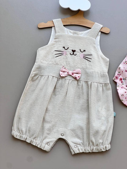 GOTS™ Certified Organic Cotton Beige & Pink Summer Cat 2 Pcs Romper With Hat - La Farandole Paris