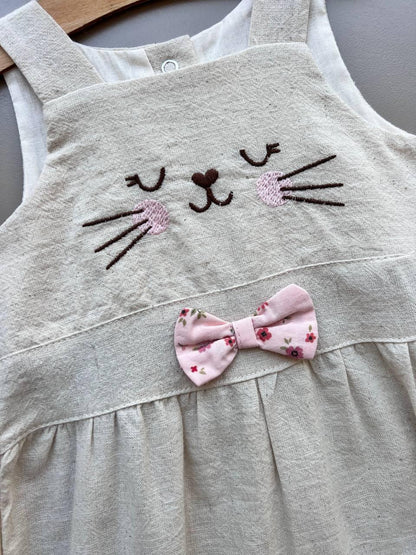 GOTS™ Certified Organic Cotton Beige & Pink Summer Cat 2 Pcs Romper With Hat - La Farandole Paris