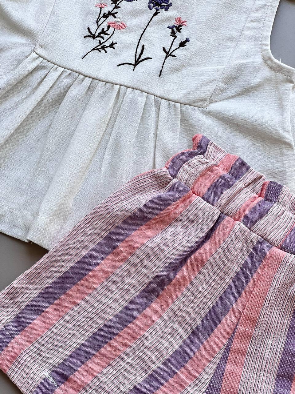 Off-White & Pink Embroidered Summer 2 Pcs Set - La Farandole Paris