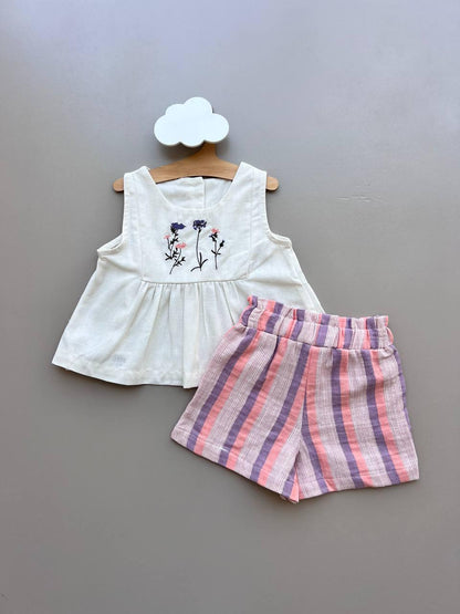 Off-White & Pink Embroidered Summer 2 Pcs Set - La Farandole Paris