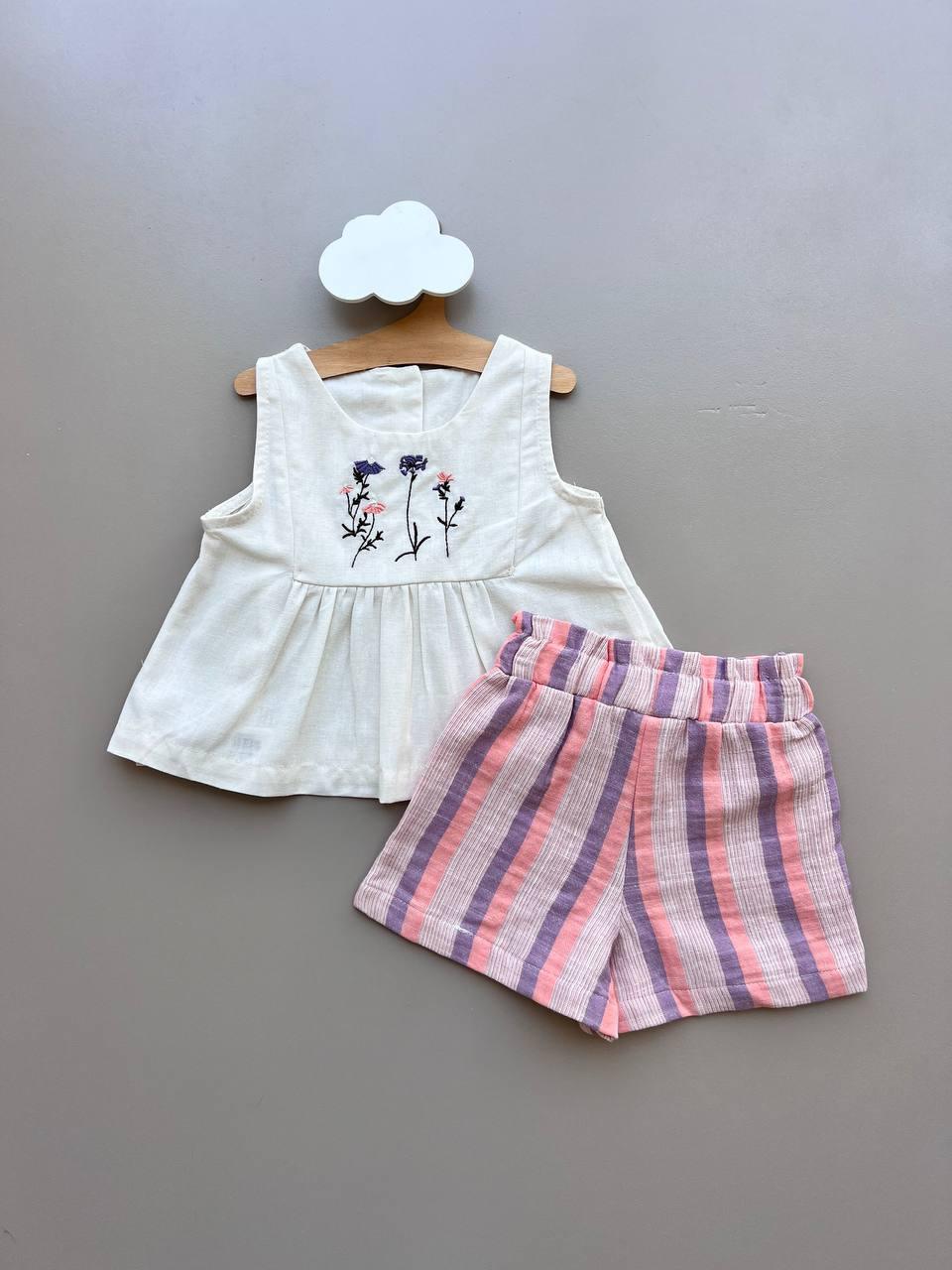 Off-White & Pink Embroidered Summer 2 Pcs Set - La Farandole Paris
