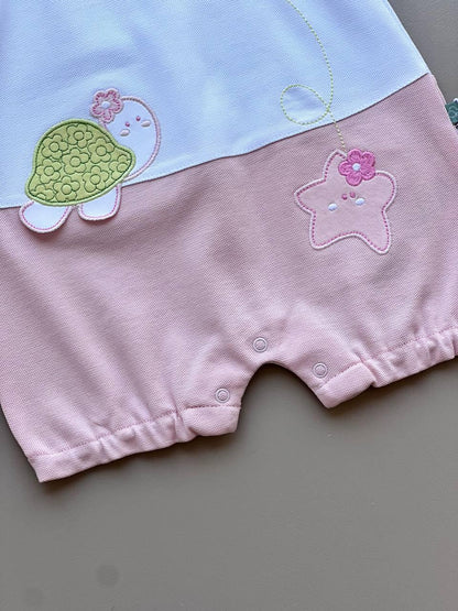 Turtle GOTS™ Certified Organic Cotton White & Pink Romper - La Farandole Paris
