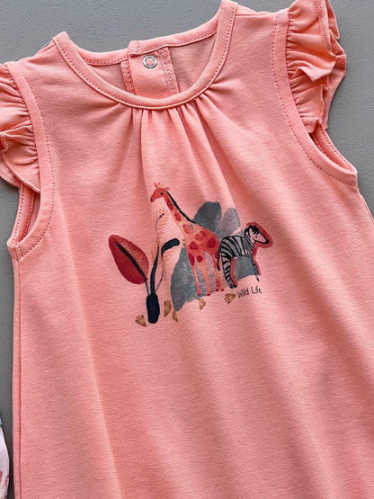 Wild Life GOTS™ Certified Organic Cotton Salmon & Pink 2 Pcs Romper - La Farandole Paris