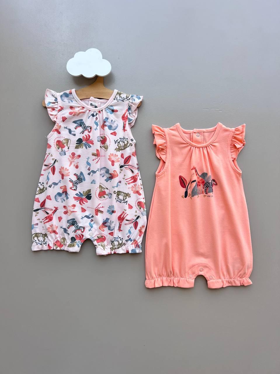 Wild Life GOTS™ Certified Organic Cotton Salmon & Pink 2 Pcs Romper - La Farandole Paris