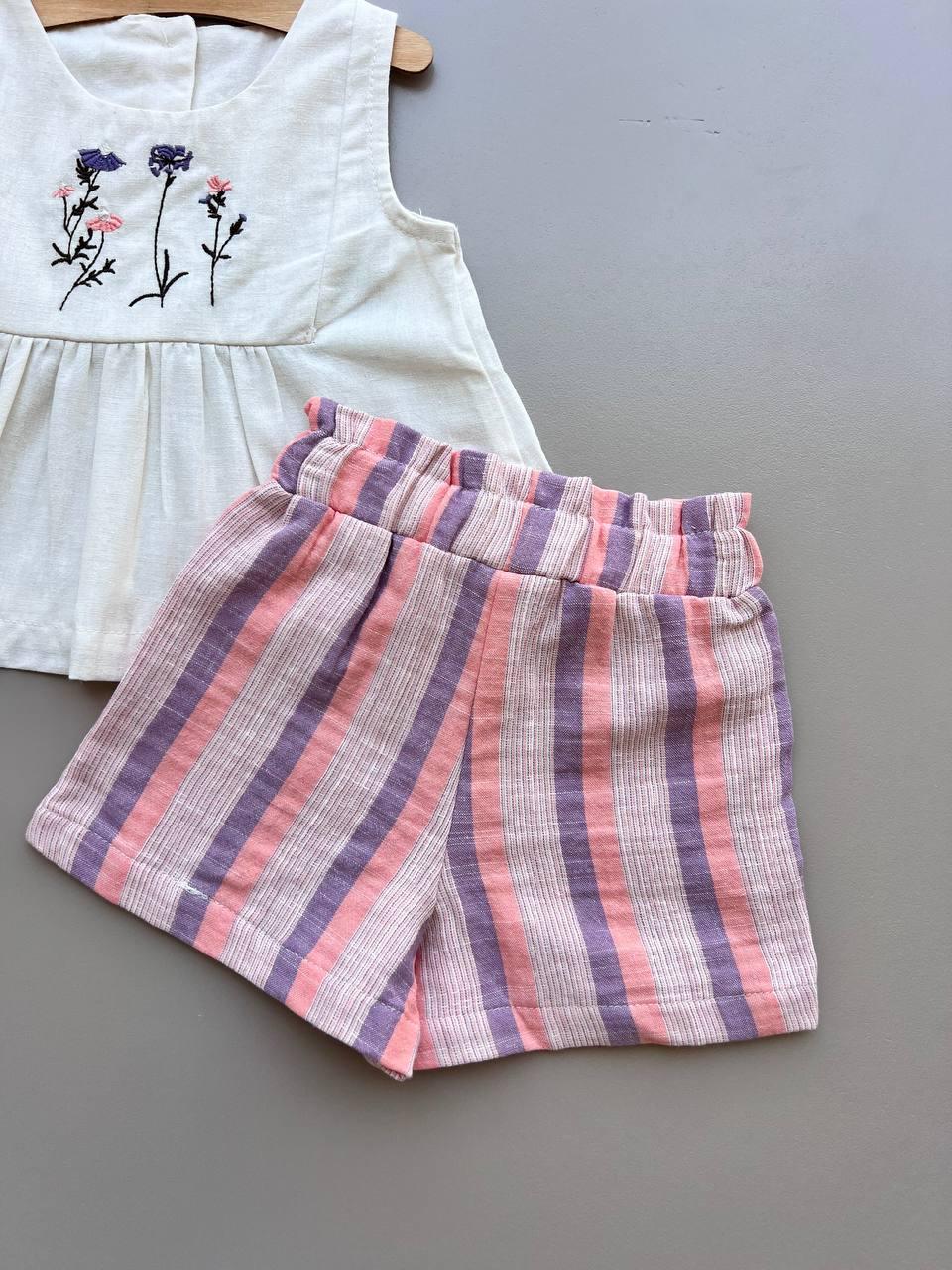 Off-White & Pink Embroidered Summer 2 Pcs Set - La Farandole Paris