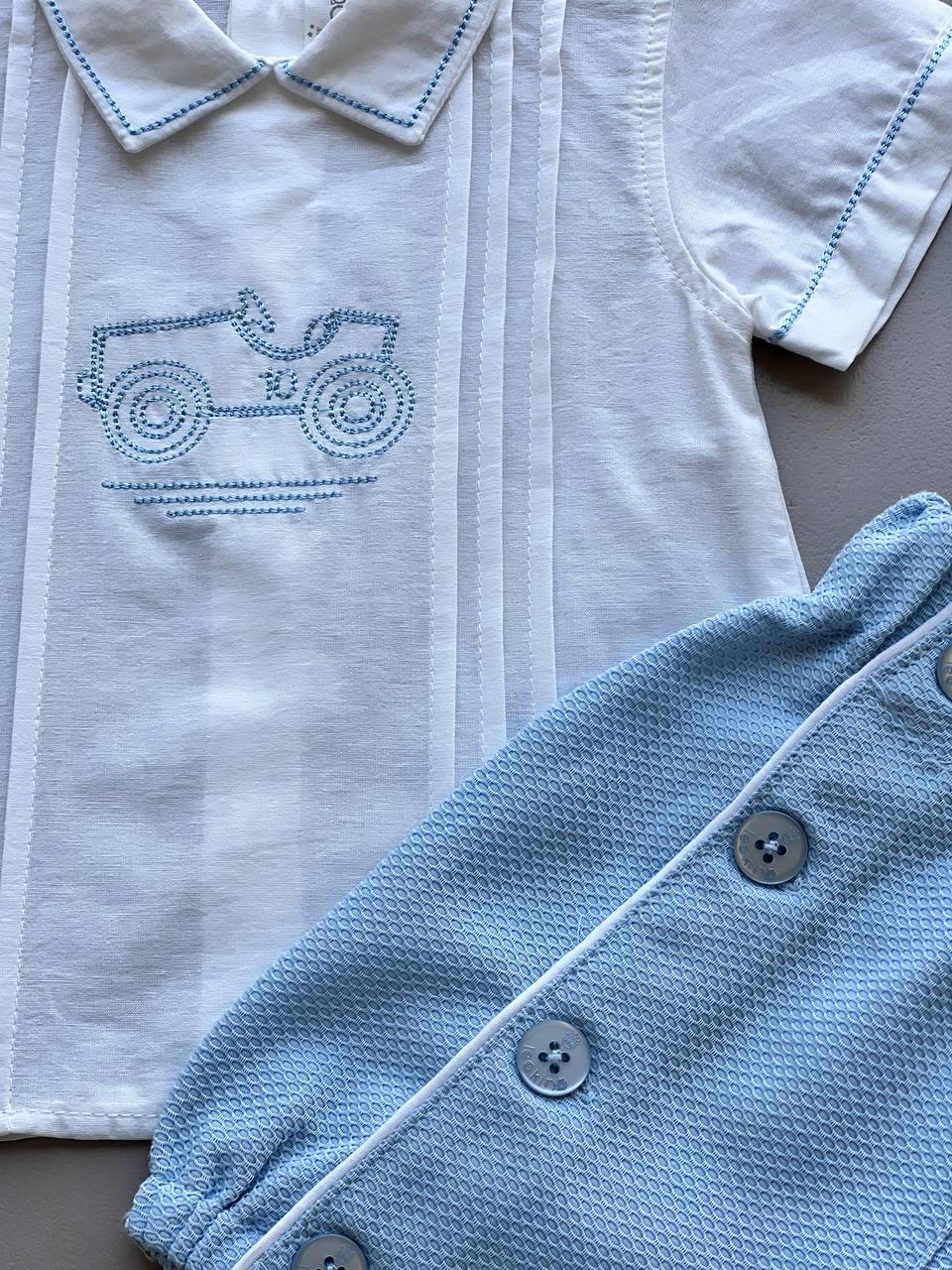 Blue & White 2 Pcs Salopettes With Shirt - La Farandole Paris