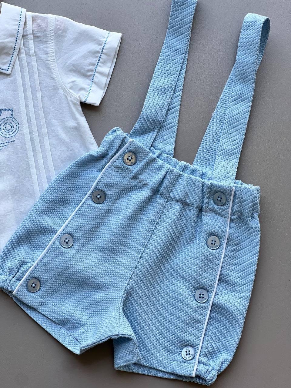 Blue & White 2 Pcs Salopettes With Shirt - La Farandole Paris
