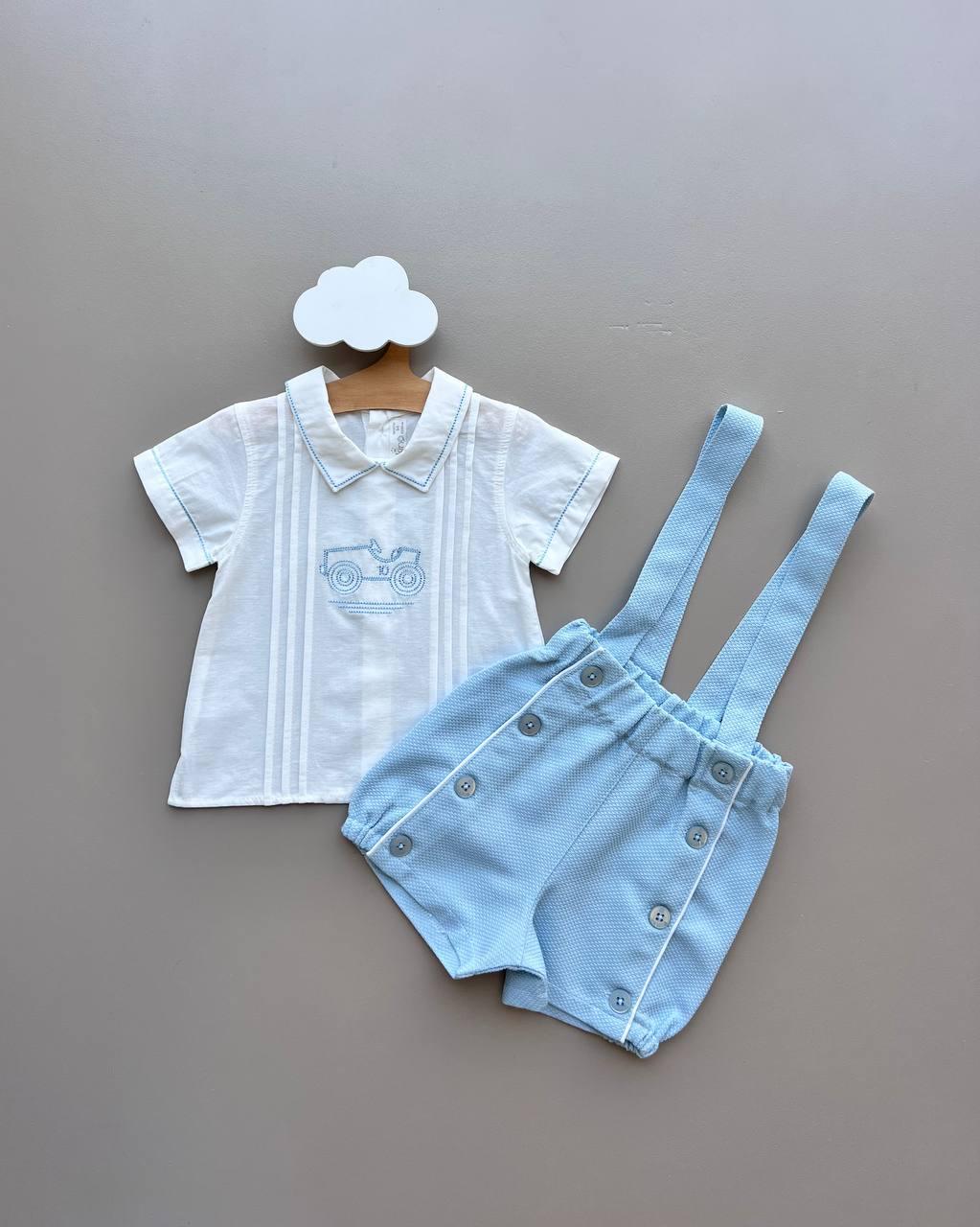 Blue & White 2 Pcs Salopettes With Shirt - La Farandole Paris