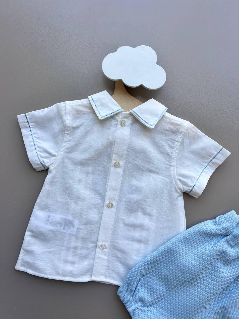 Blue & White 2 Pcs Salopettes With Shirt - La Farandole Paris