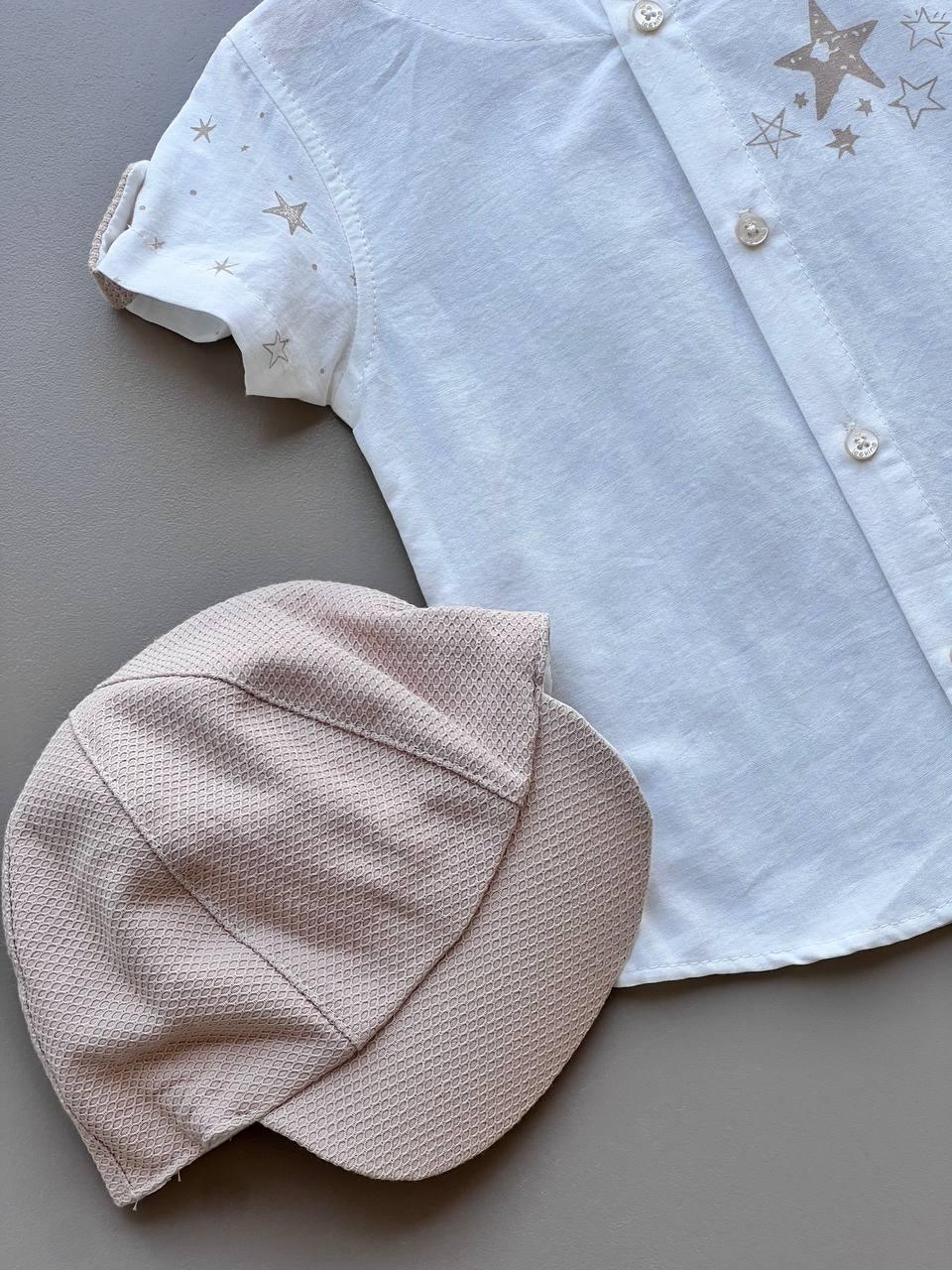 Beige & White 3 Pcs Salopettes With Shirt and Hat - La Farandole Paris