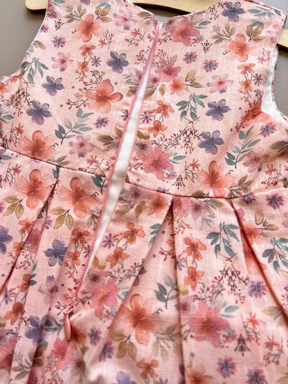 Nori Salmon Flowers Sleeveless 2 Pcs Dress With Hairband - La Farandole Paris