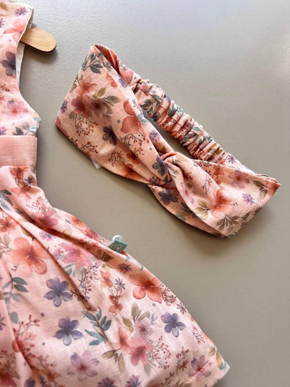 Nori Salmon Flowers Sleeveless 2 Pcs Dress With Hairband - La Farandole Paris
