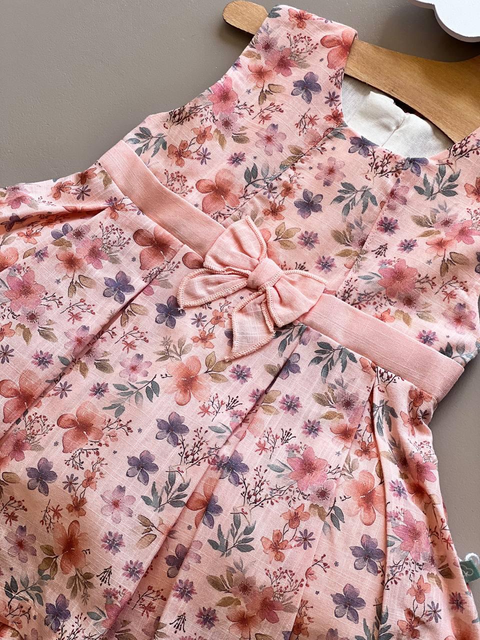 Nori Salmon Flowers Sleeveless 2 Pcs Dress With Hairband - La Farandole Paris
