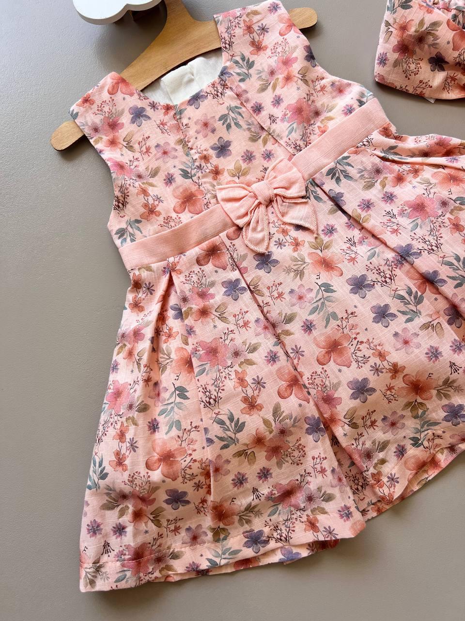 Nori Salmon Flowers Sleeveless 2 Pcs Dress With Hairband - La Farandole Paris