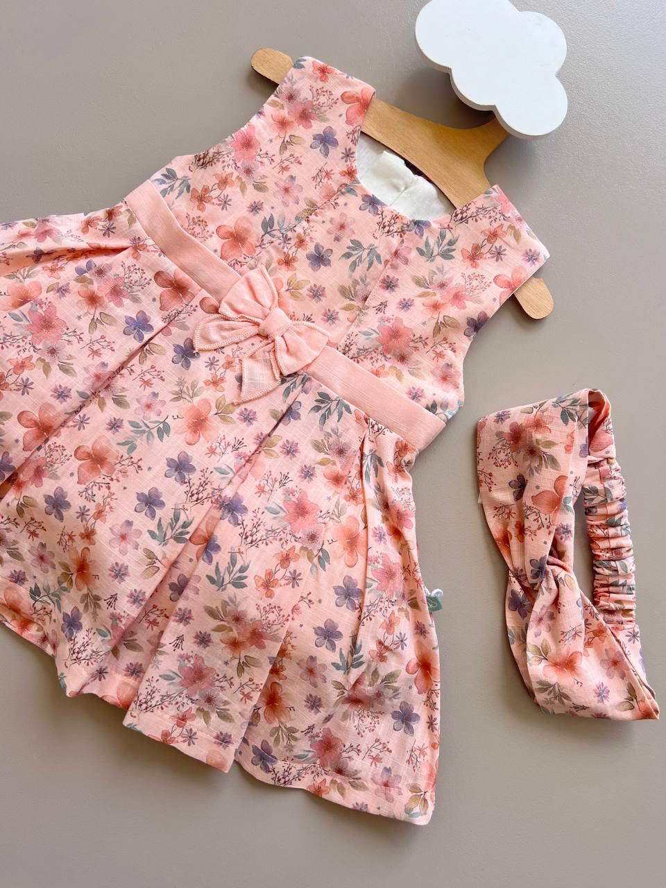 Nori Salmon Flowers Sleeveless 2 Pcs Dress With Hairband - La Farandole Paris