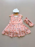 Nori Salmon Flowers Sleeveless 2 Pcs Dress With Hairband - La Farandole Paris