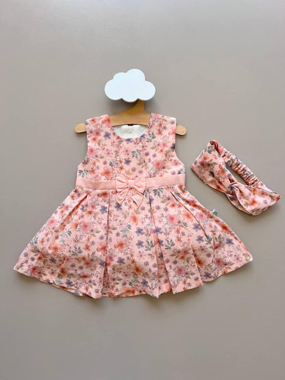 Nori Salmon Flowers Sleeveless 2 Pcs Dress With Hairband - La Farandole Paris