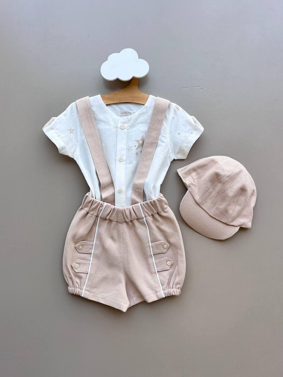 Beige & White 3 Pcs Salopettes With Shirt and Hat - La Farandole Paris