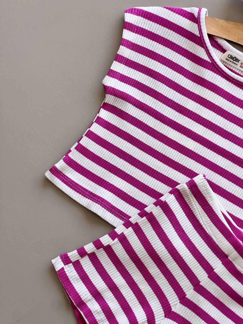 White & Fuchsia Cotton Summer 2 Pcs Set - La Farandole Paris