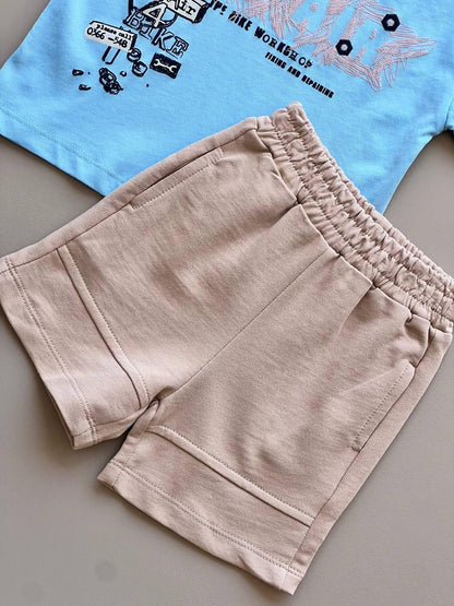 Beige & Blue Cotton Summer 2 Pcs Set - La Farandole Paris