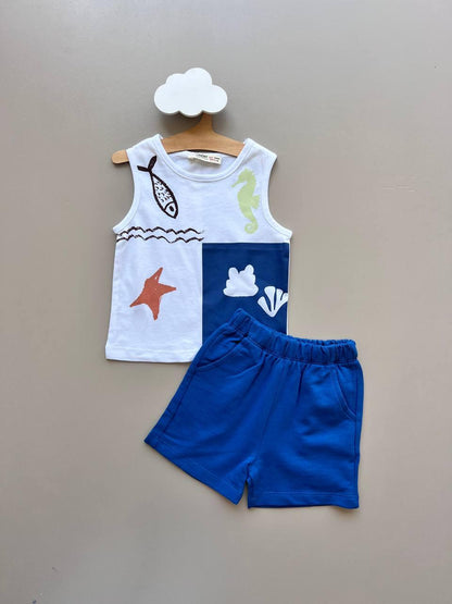 Navy & White Cotton Summer 2 Pcs Set - La Farandole Paris