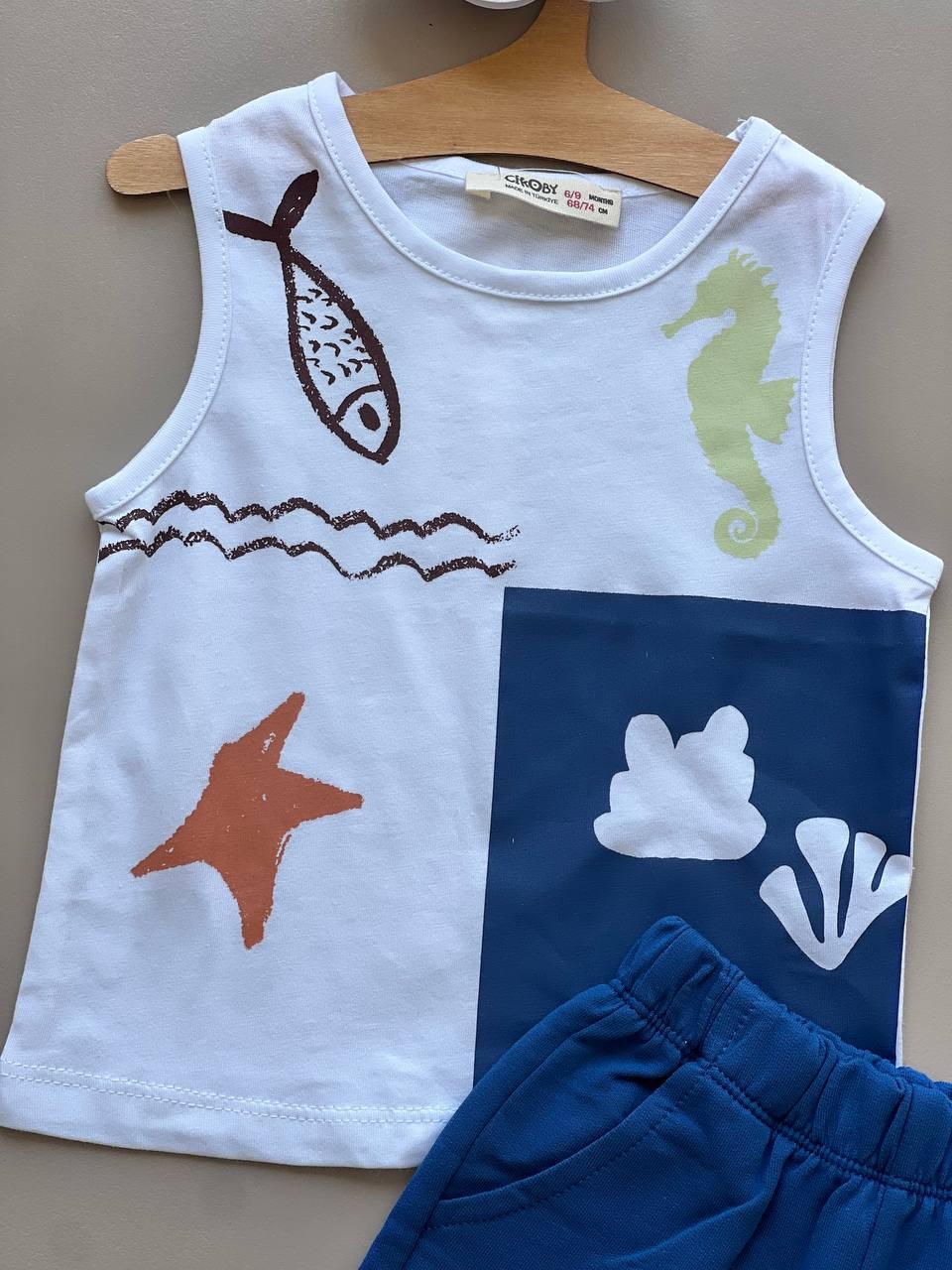 Navy & White Cotton Summer 2 Pcs Set - La Farandole Paris