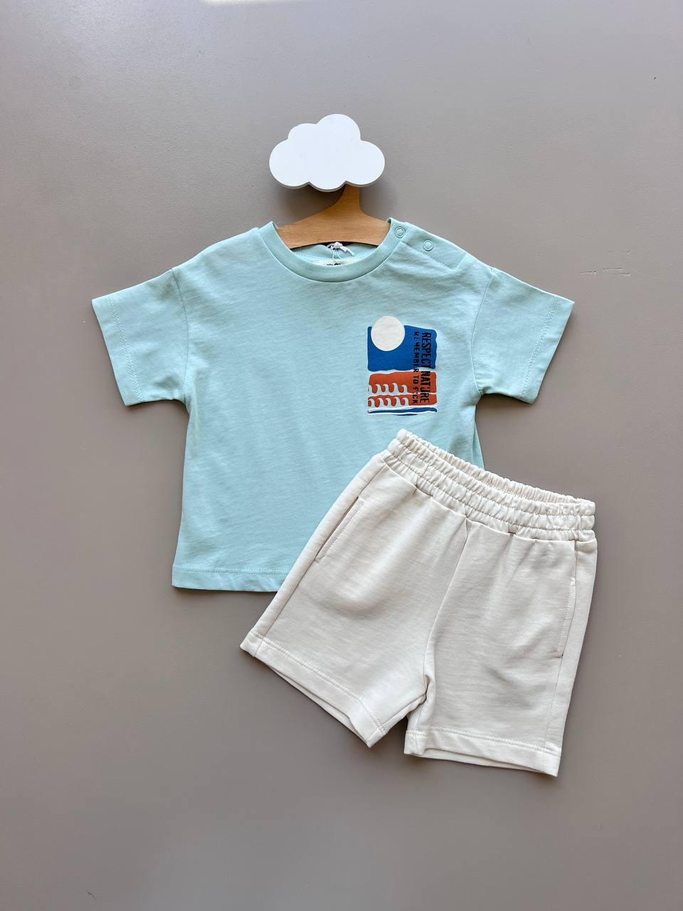 Off-White & Blue Cotton Summer 2 Pcs Set - La Farandole Paris
