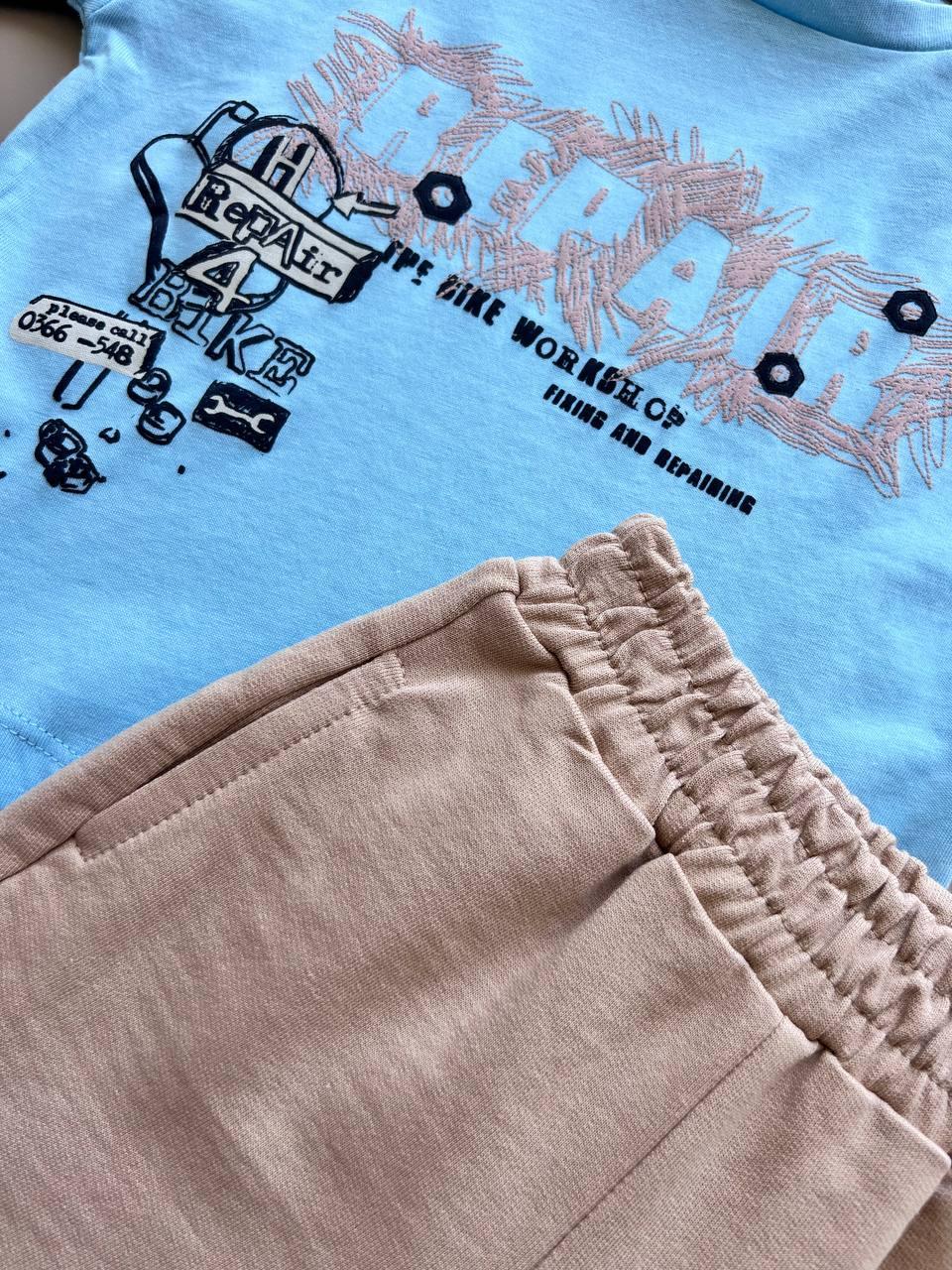 Beige & Blue Cotton Summer 2 Pcs Set - La Farandole Paris