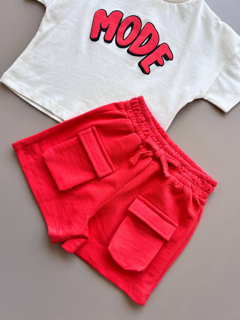 Off-White & Red Cotton Summer 2 Pcs Set - La Farandole Paris